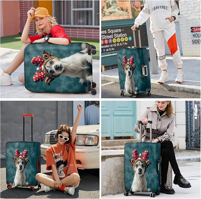 ANNA QUEEN Christmas Dog Luggage Cover, Cute Puppy with Reindeer Antlers Suitcase Protector, Washable Stretchable Travel Sleeve for 20-22 Inch Luggage