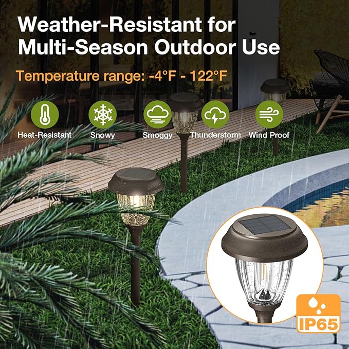 XMCOSY+ Solar Pathway Lights Outdoor, Glass & Stainless Steel Garden Lights with 2 Lighting Modes (10/25 LM), IP65 Waterproof, Warm White for Yard, Walkway, Driveway, Patio & Path (6 Pack)