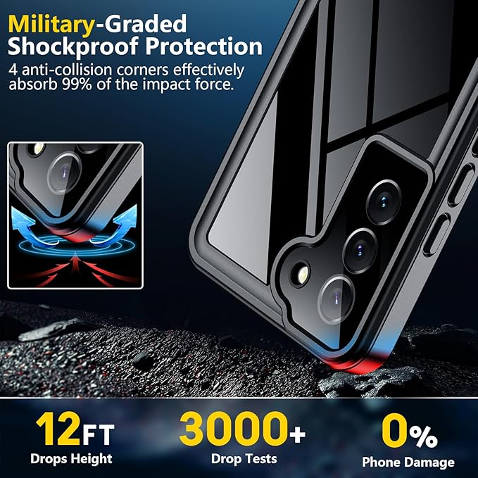 SPIDERCASE for Samsung Galaxy S22 Waterproof Case, [12FT Military-Grade Drop Protection] IP68 Water Resistance [Built-in Screen Protector] Full Body Sealed Protection Phone Case 6.1", Black/Clear