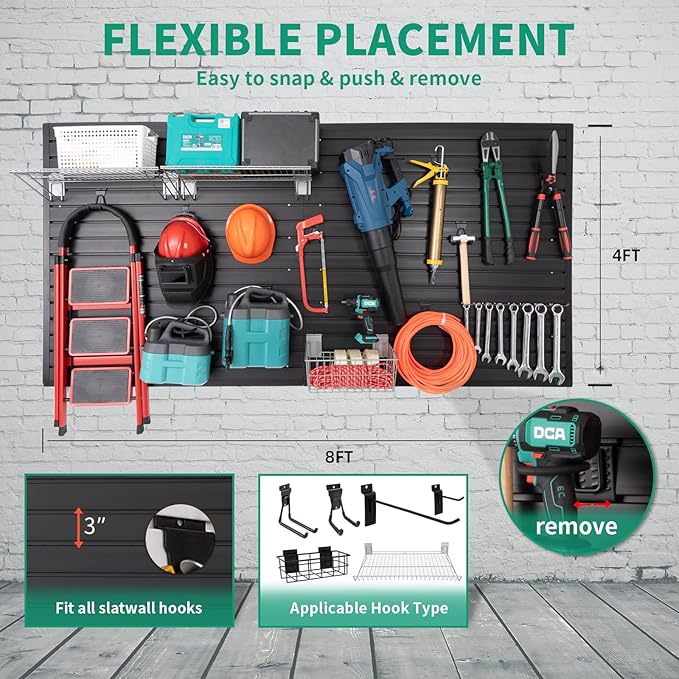 FRAYSCENT Slat Wall Paneling Garage Slat Wall Storage Systems Slatwall Panels Power Tool Organizer Wall Mount, PVC Garage Storage & Organization Products Slate Board (Black, 4ft x 8ft with 26 Hooks)