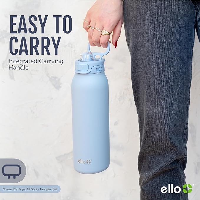 Ello Pop & Fill 40oz Stainless Steel Water Bottle with Quick Fill Technology, Double Walled and Vacuum Insulated Metal, Leak Proof Locking Lid, Sip and Chug, Reusable, BPA Free, Rosy Skyline