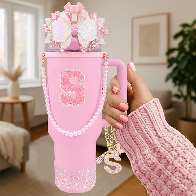 9PCS Pink for Stanley Cup Accessories Set 30/40 Oz Bling Initials Bow Charms for Stanley Decorations Tumbler Accessories Including Bow Straw Topper, Pearl Handle Strap,Spill Stopper（Letter S）
