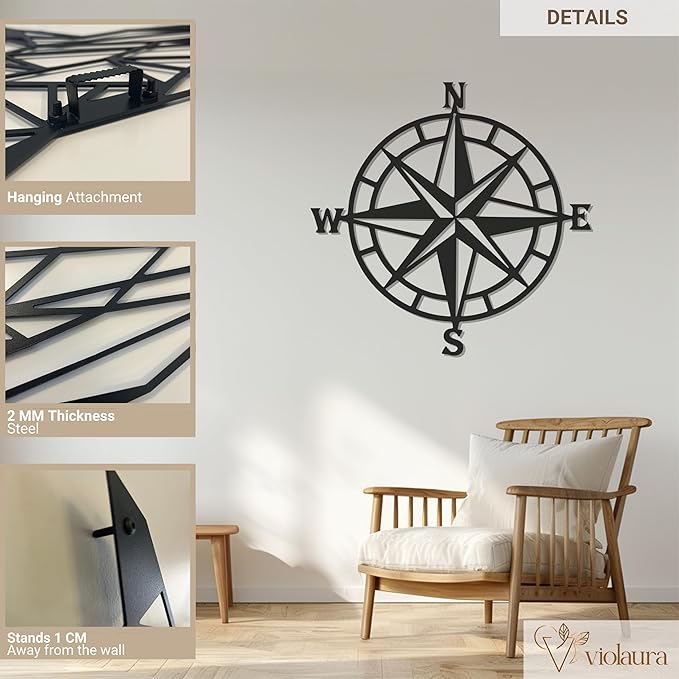 Violaura Compass Rose Metal Wall Art - Easy to Install Hanging Nautical, Directional, Adventure, Navigation, Compass Point, Explorers, Maritime, Wanderlust, Living Room Decor (60" x 60")