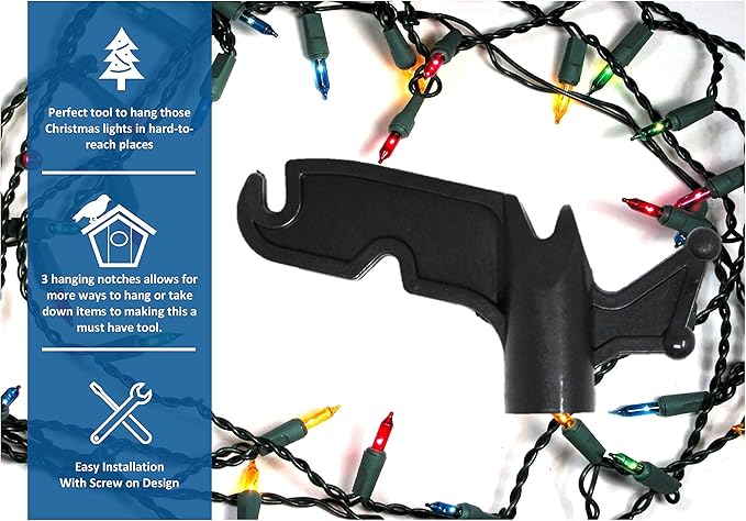JSP Manufacturing Multi-Purpose Plastic Utility Hook Screw On Pole Attachment (Pole NOT Included) - Hang Christmas Lights, Bird feeders, Sting Lights, Ropes, Boat Lines (2, Black)