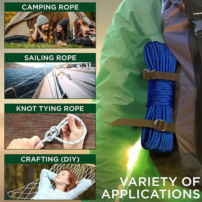 TECEUM Rope – 150 Feet x 1/4 Inch (7mm) – Blue – Strong All-Purpose Utility Rope – Camping, Crafting, Flag Pole, Indoor & Outdoor – Polypropylene Nylon Poly Lightweight Diamond Braided Cord
