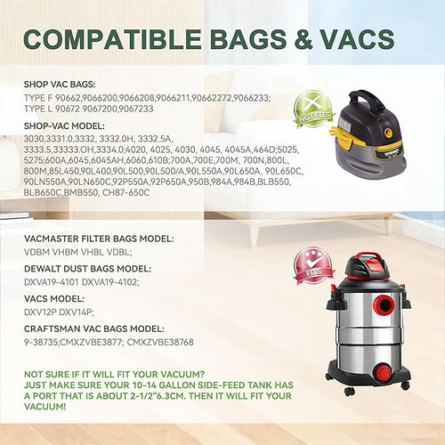 12 Pack 10-14 Gallon Vacuum Bags For Shop Vac Bags, Disposable Wet Dry Vaccum Collection Bags Replace Part Type I #90672 9067200, Type F #90662 9066200 9066233, VF2005 (Yellow)