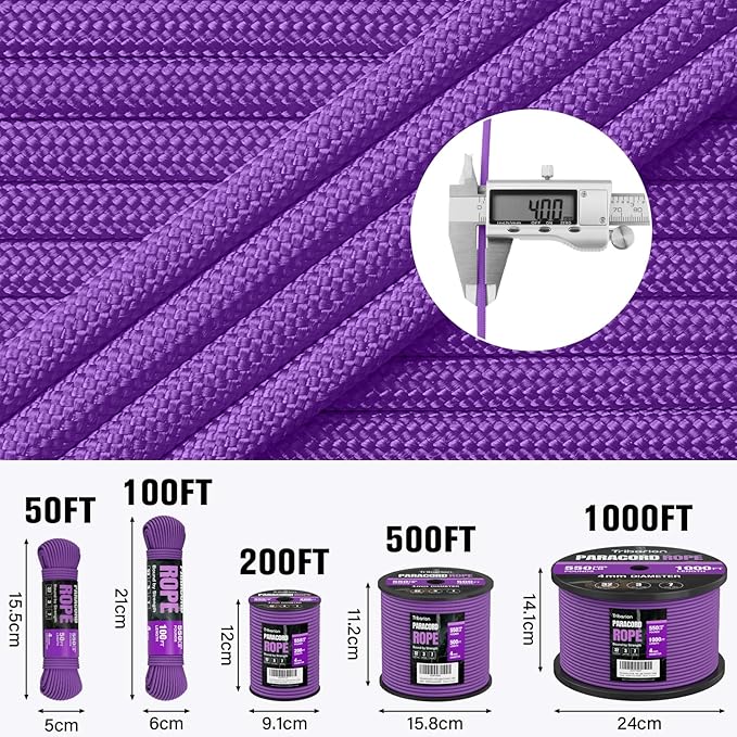 Paracord Rope 550 lb - 200ft 5/32" Parachute Cord 4MM 7-Strand para Cord - Heavy Duty Spool String for Survival,Camping Gear, Survival Bracelet, Clothesline - Purple