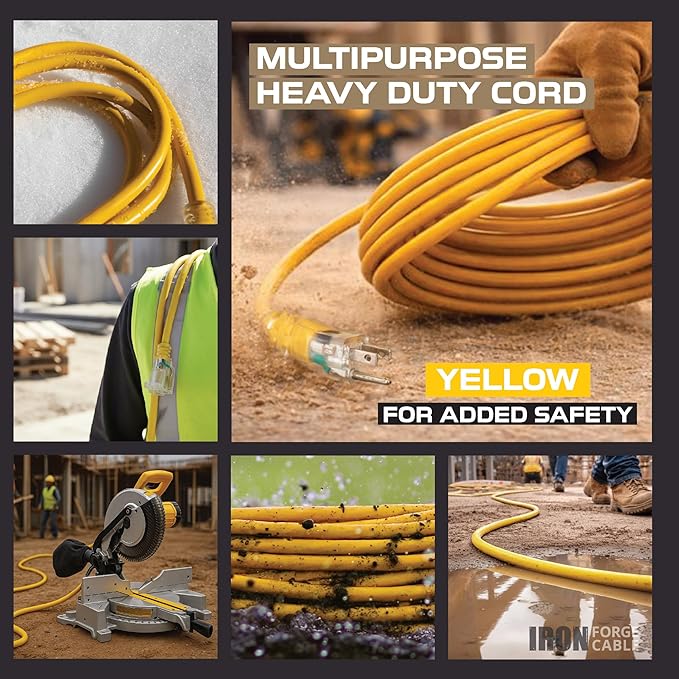 Iron Forge Cable 10 Foot Lighted Outdoor Extension Cord - 12/3 SJTW Heavy Duty Yellow Extension Cable with 3 Prong 15 AMP Grounded Plug for Safety