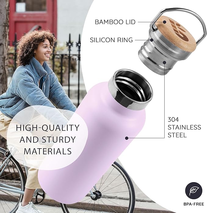 Bambaw Insulated Water Bottle 32 oz, Leak-Proof Water Bottle Stainless Steel, Keeps Drinks Cold for 24h Cold and Hot for 12h, With a Wide Mouth for Easy Cleaning & To Fit a Tea Infuser (Lavender Haze)