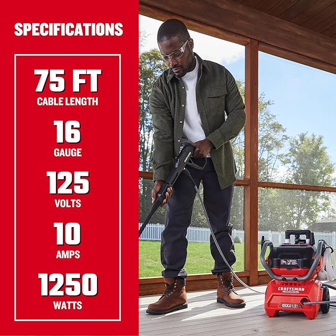 CRAFTSMAN 75 Ft. Indoor/Outdoor Extension Cord 16/3 SJTW, Waterproof Flexible Power Cable with 3-Prong Plug, 10A/1250W/125V, Heavy-Duty Contractor Cord, ETL Certified