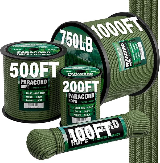 Paracord Rope 750 - Parachute para Cord 4mm 11 Strand Spool Rope Utility Nylon String for Outdoor Camping Survival Utility Tent Crafting DIY Projects - ArmyGreen 200ft