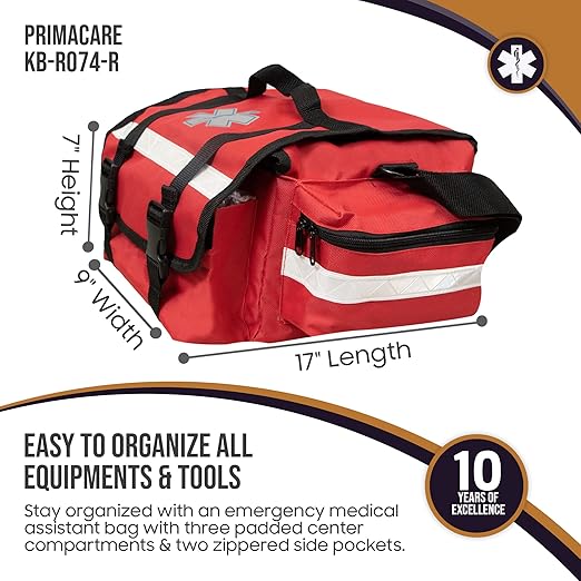 Primacare KB-RO74-R First Responder Trauma Bag, 17" x 9" x 7", Red — EMT/EMS Medical Supply Organizer with Padded Dividers, Multiple Compartments, Side Pockets, Reflective Strip, Durable Design
