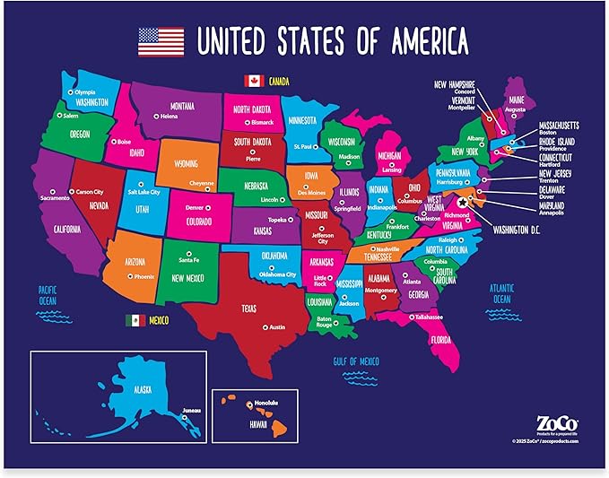 ZOCO – United States Map with Capitals Poster (2-Pack) – Laminated 17x22 – Educational USA Wall Chart for Kids – North America Geography, Social Studies Classroom Decor