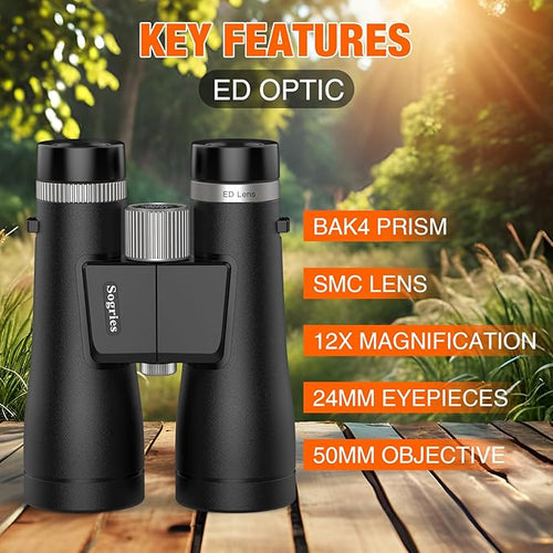12x50 ED Binoculars for Adults-Professional Roof Prism,HD Optical System Non-Slip Grip, IPX7 Waterproof,High Power BAK4 Prism SMC Lens Binoculars for Bird Watching Travel