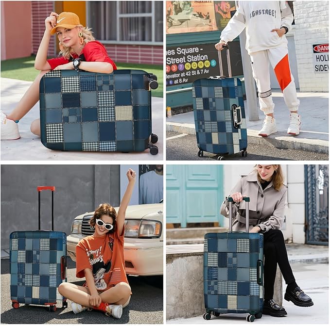 ANNA QUEEN Blue Patchwork Luggage Cover, Modern Grid Suitcase Protector, Stretchable Washable Cover for 28-30 Inch Luggage