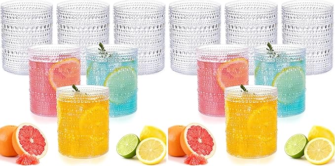 18PCS Plastic Hobnail Drinking Glasses - 14 Oz Clear Vintage Glasses Drinkware - Disposable Beaded Cups for Beer, Whiskey, Juice, Cocktail, Wine, Party (Pack of 2)