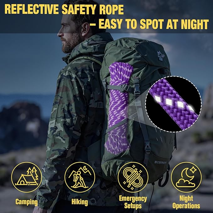 Reflective Paracord Rope 750 lb - 200ft 5/32" Parachute Cord 4MM 12-Strand para Cord - Heavy Duty Spool String for Survival,Camping Gear, Survival Bracelet, Clothesline - Purple