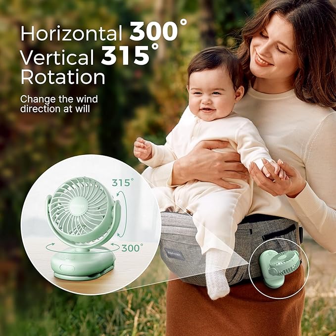 Momcozy Portable Stroller Fan with Clip | 4-Speed Mini-Fan for Carrier | Personal Fans Ultra Light 0.26lb | Gaps ≤4.5mm | Handheld Cooling | Rechargeable Rotate for Diaper Backpack/Table