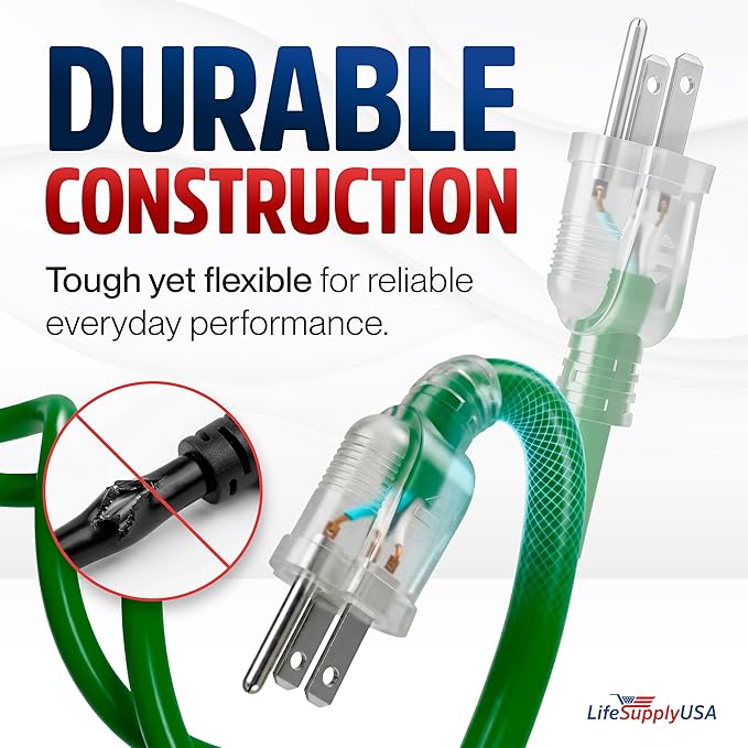 100ft Outdoor/Indoor Extension Cord 12/3 Gauge Extra Heavy Duty 3 Prong SJTW, Waterproof, Flexible Cold-Resistant Long Power Cord,15A 125V 1875W, Green by LifeSupplyUSA