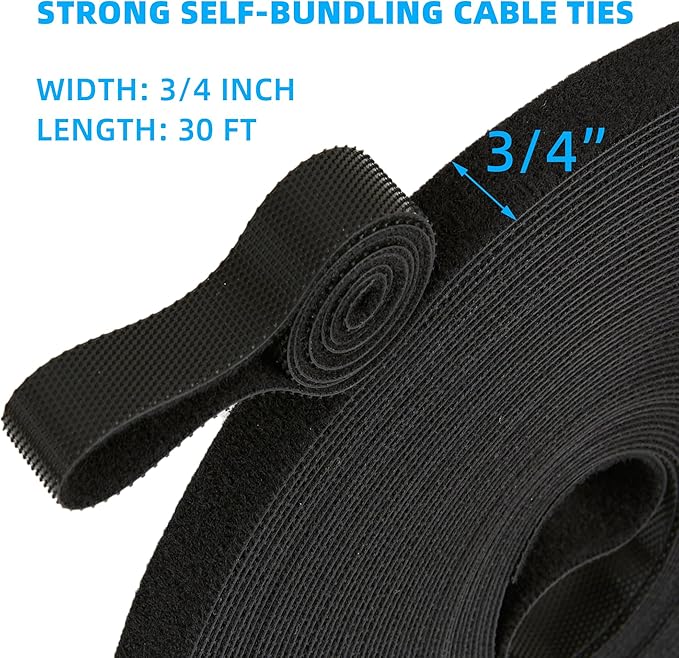 30 ft x 3/4 inch Hook and Loop Roll, Reusable Fastening Cable Ties, Multi-Purpose Cable Management Wire Ties Cable Straps for Organizing Home, Office and Data Centers