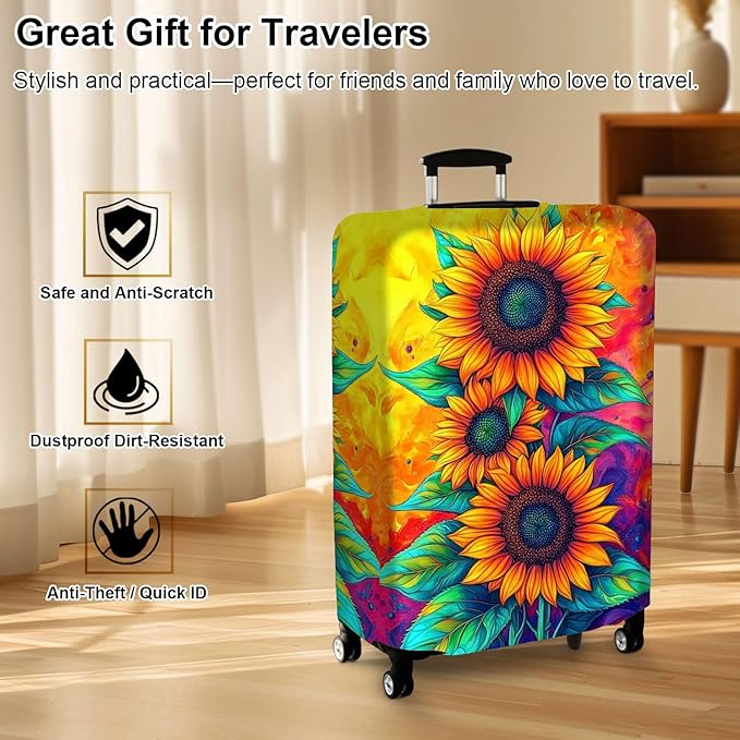 Luggage Cover Protector for 30-32 Inch Suitcases, TSA Approved Elastic Travel Suitcase Covers, Anti-Scratch Washable Luggage Sleeve for Carry On & Checked Bags, Three Sunflowers