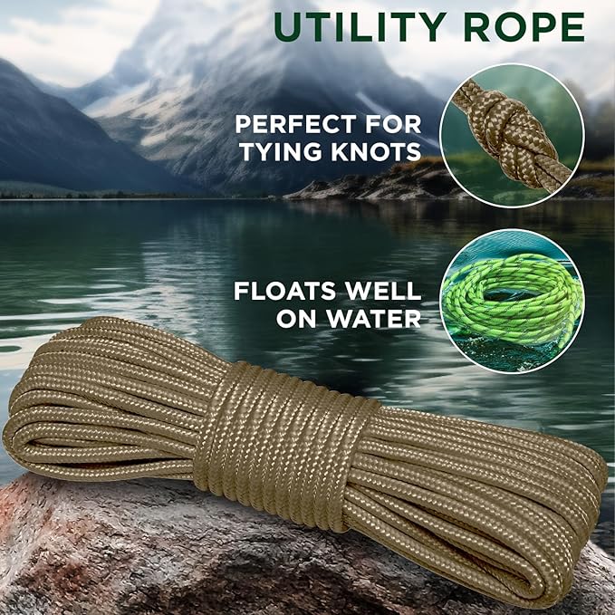 TECEUM Rope – 90 Feet x 1/4 Inch (7mm) – Coyote Brown – Strong All-Purpose Utility Rope – Camping, Crafting, Flag Pole, Indoor & Outdoor – Polypropylene Nylon Poly Lightweight Diamond Braided Cord