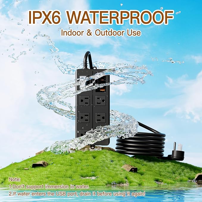 10FT Outdoor Waterproof Power Strip Surge Protector with 6AC Outlets 4USB Ports Power Switch Safety Lock, ETL Certified for Patio Garden Charging