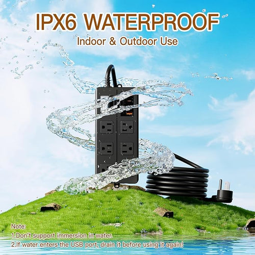 10FT Outdoor Waterproof Power Strip Surge Protector with 6AC Outlets 4USB Ports Power Switch Safety Lock, ETL Certified for Patio Garden Charging