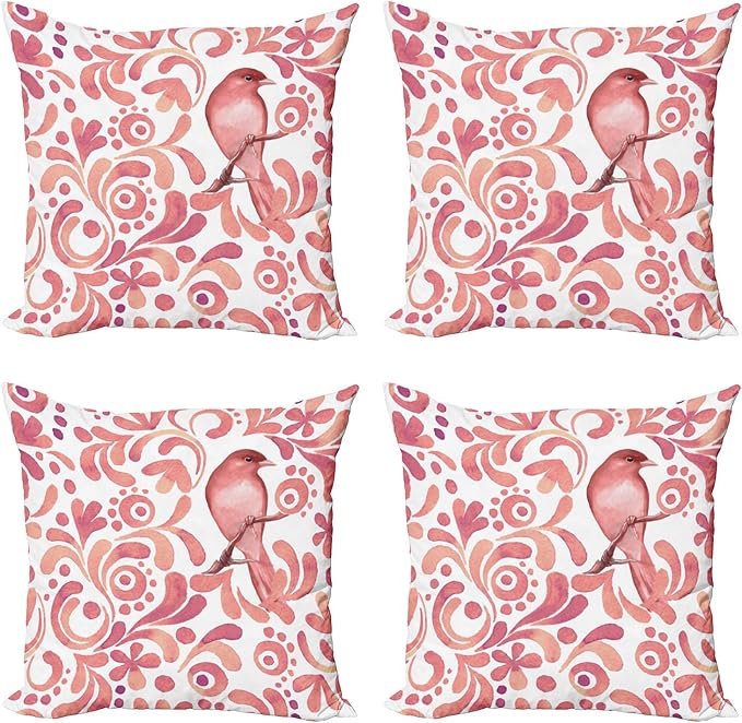 Ambesonne Watercolor Throw Pillow Cushion Case Pack of 4, Bird on Tree Branch Floral Swirls Curves Little Dots Wildlife, Modern Accent Double-Sided Digital Printing, 24", Rose White