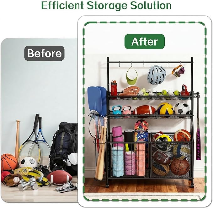 Large Sports Organizer for Garage, Ball Storage Rack Garage Sports Equipment Organizer with Side Racks, Baskets, Hooks, Multi-Purpose Golf Gear Storage for Gym Indoor Outdoor