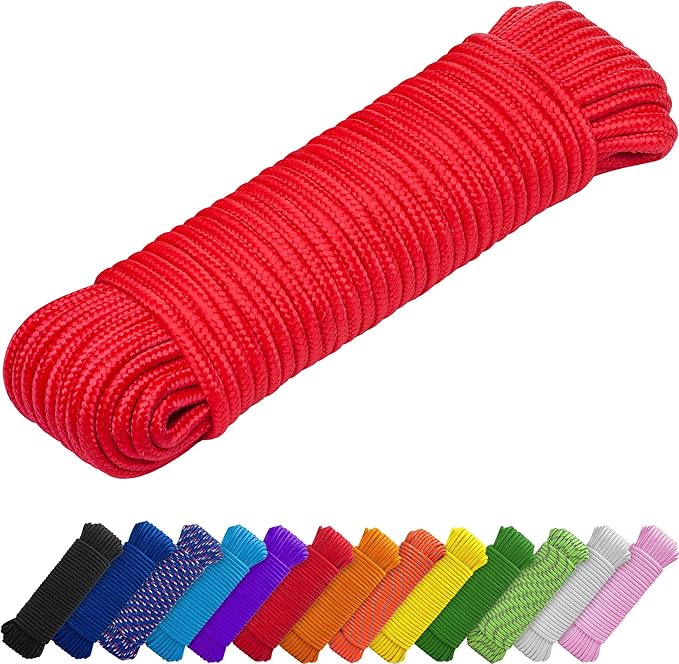 TECEUM Rope – 90 Feet x 3/8 Inch (10mm) – Red – Strong All-Purpose Utility Rope – Camping, Crafting, Flag Pole, Indoor & Outdoor – Polypropylene Nylon Poly Lightweight Diamond Braided Cord
