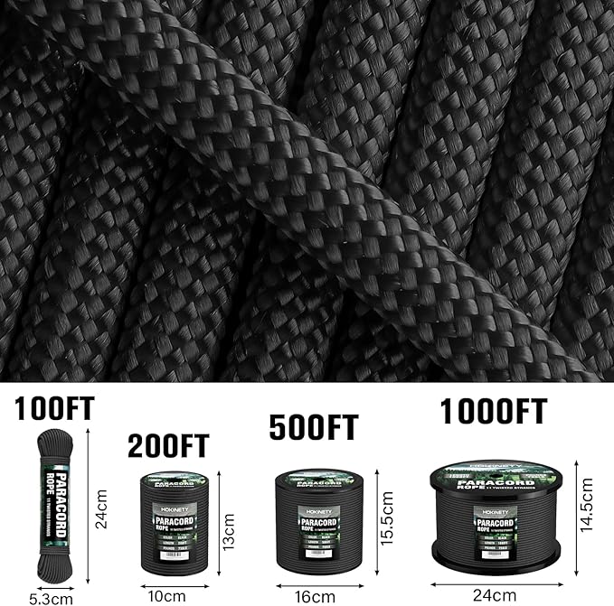 750lb Paracord Rope - 4mm 11 Strand Parachute para Cord Spool Rope Utility Nylon Survival Cord for Outdoor Camping Tent Crafting Bracelets DIY Projects - Black 50ft
