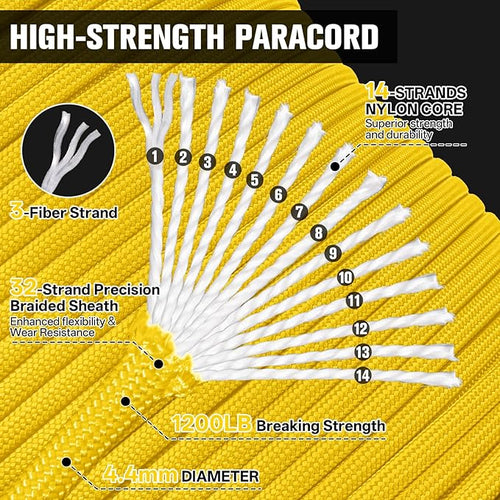 1200 Paracord Rope - 4.4mm 14 Strand Nylon Parachute Spool para Cord Lanyard for Outdoor Camping Survival Utility Tent Crafting DIY Projects Fishing Clothsline Bracelet - Yellow100FT