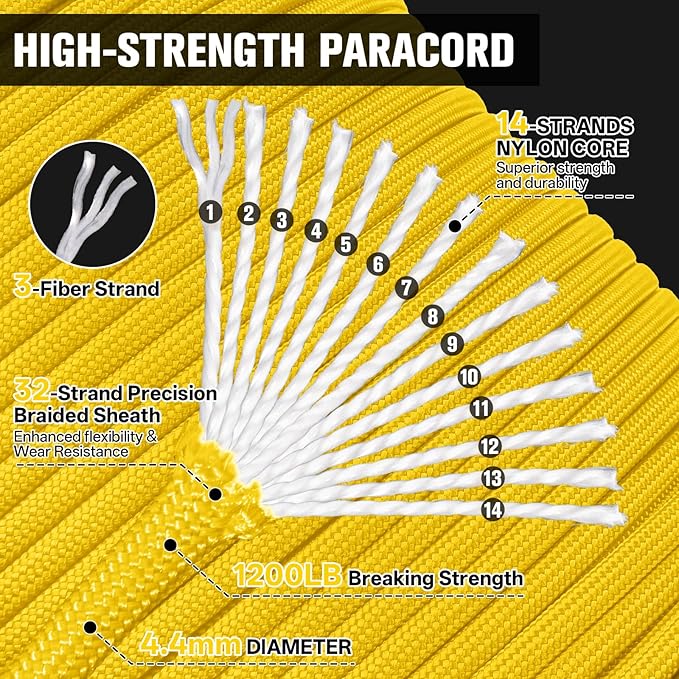 1200 Paracord Rope - 4.4mm 14 Strand Nylon Parachute Spool para Cord Lanyard for Outdoor Camping Survival Utility Tent Crafting DIY Projects Fishing Clothsline Bracelet - Yellow 1000FT