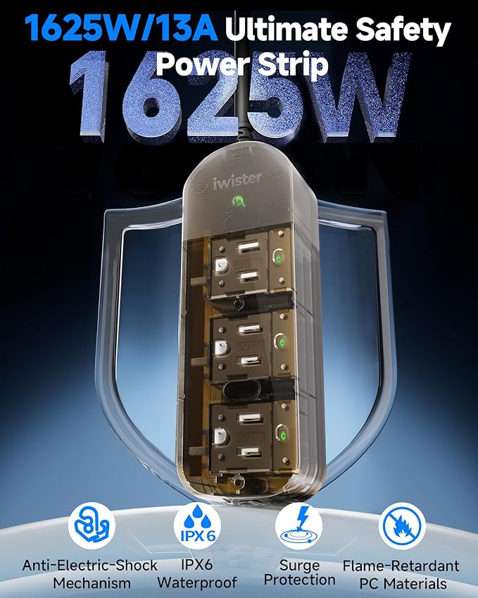 Outdoor Power Strip, 3 AC Outlets, 10 FT, 1625W/13A High-Power Single-Device Use, with Anti-Electric Shock & IPX6 Waterproof, Ideal for Backyard, Patio, Garage, Kitchen, Workshop, Camping, RV
