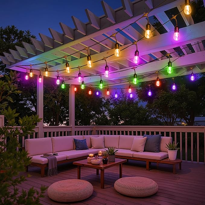 Larkvue 48FT RGBW Outdoor String Lights with Remote, Patio Lights with 15+2 Edison S14 Dimmable Shatterproof Bulbs for Outside Garden Backyard Hanging