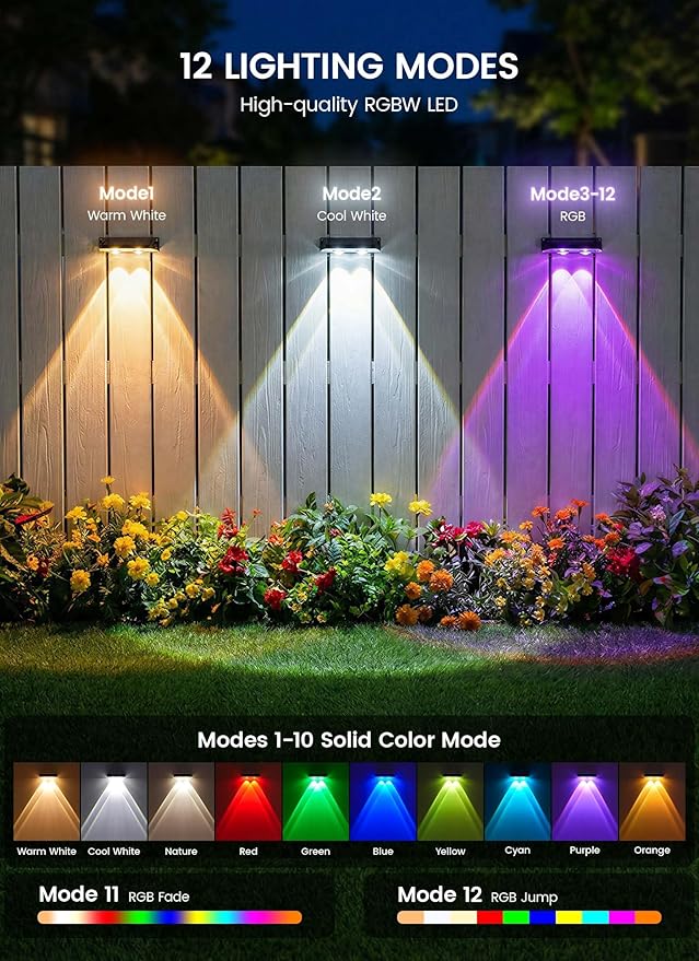 Brightown 4 Pack Solar Lights Outdoor Waterproof, Color Changing Solar Fence Deck Step Flood Lights, Warm White & RGBCW 11 Color, IP65 Waterproof Garden Lights for Outside Backyard Yard Step Patio
