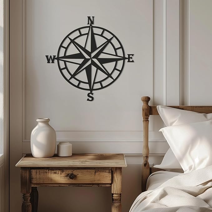 Violaura Compass Rose Metal Wall Art - Easy to Install Hanging Nautical, Directional, Adventure, Navigation, Compass Point, Explorers, Maritime, Wanderlust, Living Room Decor (24" x 24")