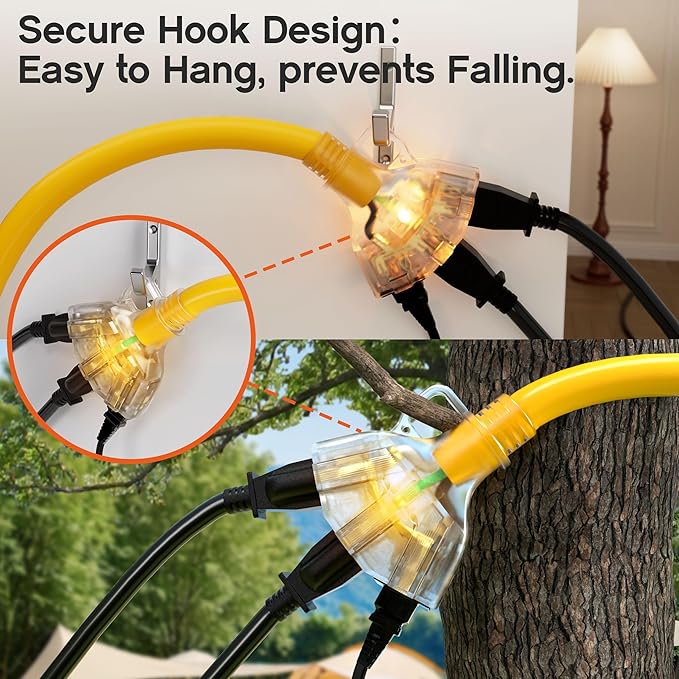 12 ft 12 Gauge Heavy Duty 3 Outlet Extension Cord Splitter with Indicator, Waterproof Outdoor Extension Cord with Multiple Outlets, 15A 1875W for Garden, ETL Listed, Flexible Yellow SJTW