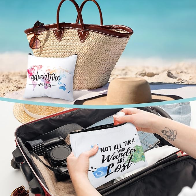12 Pcs Travel Bag Adventure Awaits Makeup Bag Gifts World Map Cosmetic Case Traveler Gifts for Women Travel Theme Party Favors Mountains Pouch for Lover Friendship Birthday Accessories