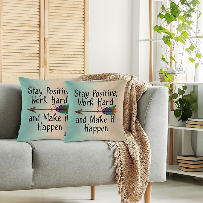 Swono Pillow Covers 18X18 Inch Set of 2 Life Quote, Throw Pillow Cases Stay Positive Work Hard and Make It Happen Arrow Pillowcase Cushion Cover Decorative for Outdoor Home Sofa Bedroom Livingroom