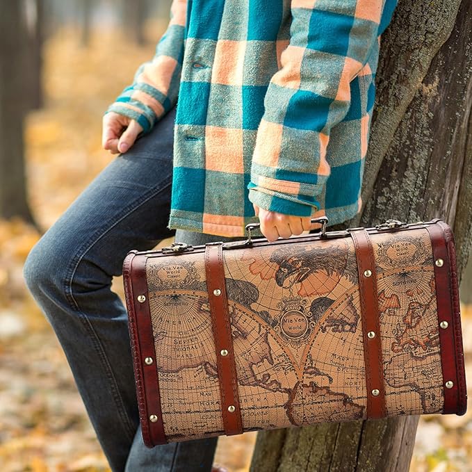 ELLDOO Vintage Wooden Storage Chest, Portable Decorative Luggage Suitcase, Treasure Chest Box with Map Pattern, Pirate Keepsakes Box for Gifts, Chest Storage Box for Decor Storage Travel