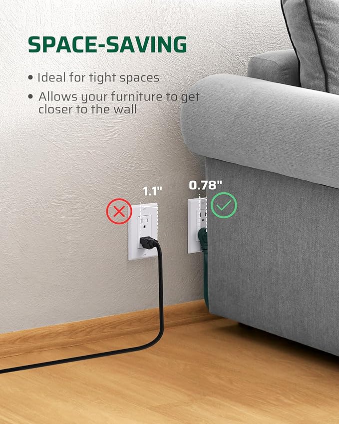 DEWENWILS 3 Outlet Flat Extension Cord Plug Christmas, 3FT 16/3 Awg Grounded Power Cable for Indoor Use, SPT-3 Cord, Green, ETL Listed, 2 Pack