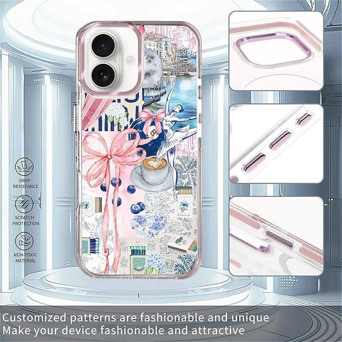 Case for iPhone 16,[Compatible with MagSafe],Pink Bow Girly Coquette Collage Phone Case Design，for Women Girls Magnetic Clear Cover - Slim, Sleek, & Shockproof Protection