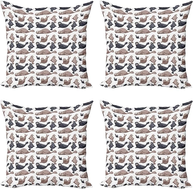 Ambesonne Sea Animals Decorative Throw Pillow Case Pack of 4, Seals Illustration Sea Lion Exotic Tropical Comic Graphic Wild Ocean, Cushion Cover for Couch Living Room Car, 24", Taupe Grey