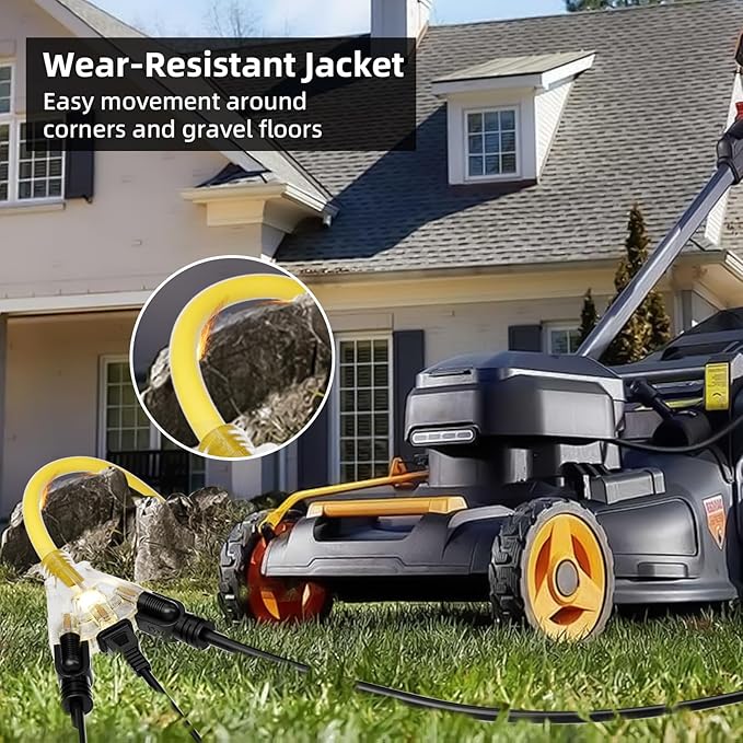 25 FT Outdoor Extension Cord with Multiple Outlets, 12 Gauge Heavy Duty Yellow Extension Cord Waterproof with 3 Outlet, 3 Prong Power Cord for Garden and Home Use Indicator Light, ETL Listed