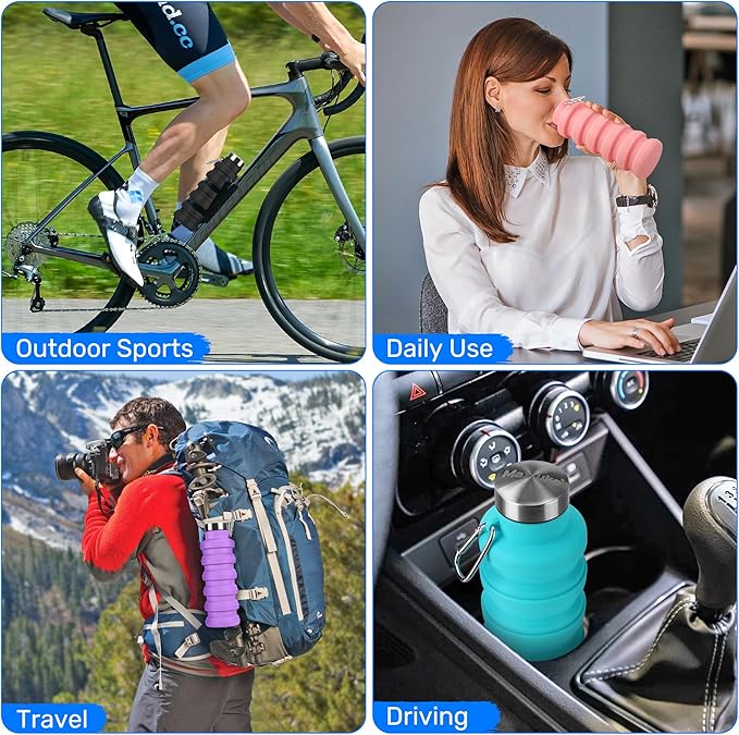 Collapsible Water Bottle, 16oz Portable Reusable Silicone Water Bottle, BPA-Free Leak-Proof Foldable Design with Carabiner, Lightweight Durable for Gym, Travel, Camping, Hiking, Sports(Blue+Gray)