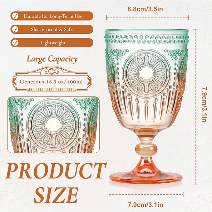 XUWAIDSGN 6Pcs Plastic Vintage Wine Glasses 13.5oz Reusable Embossed Goblet Glasses Green Orange Gradien Retro Wine Glassware Unbreakable Stemmed Champagne Water Cups for Cocktail Juice Wedding