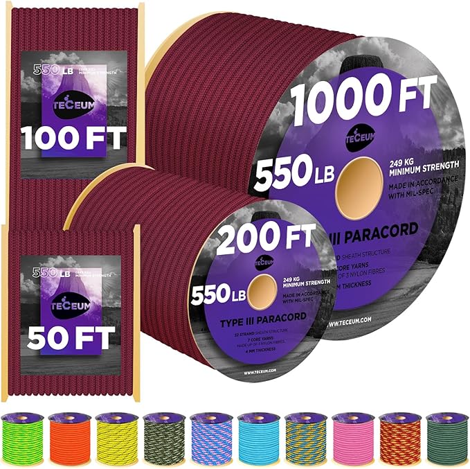 TECEUM Paracord Type III 550 Burgundi – 100 ft – 4mm – Tactical Rope MIL-SPEC – Outdoor para Cord –Camping Hiking Fishing Gear and Equipment – EDC Parachute Cord – Strong Survival Rope 067gd