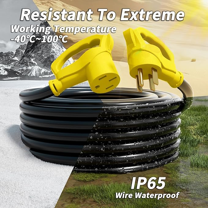 PlugSaf NEMA 14-50P/14-50R 10 FT 50 Amp RV/EV Extension Cord Outdoor with Grip Handle, 4 Prong Flexible Heavy Duty STW RV Power Cord Waterproof, 50A 125/250V 6250/12500W, Black-Yellow, ETL Listed